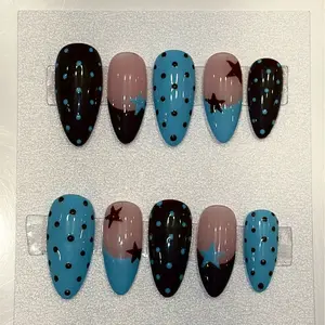 10pcs | Almond | Retro Y2K Polka Dot Press On Nails Blue Brown French Tip Star Design
