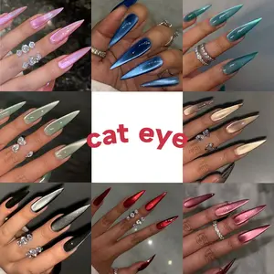 24pcs Long Crystal Color Cat Eye Acrylic Nail Tips Xxl Size, Perfect Fit False Nails Set with Jelly Glue & Nail File for Women Girls, Nail Art Supplies