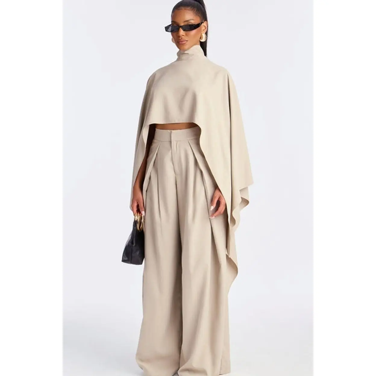 Women's Refined Flow Polyester Pant Set - Taupe D, with Zipper Closure