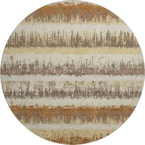 HomeRoots 679525 8 ft. Coffee Beige & Copper Striped Washable Round Area Rug with UV Protection