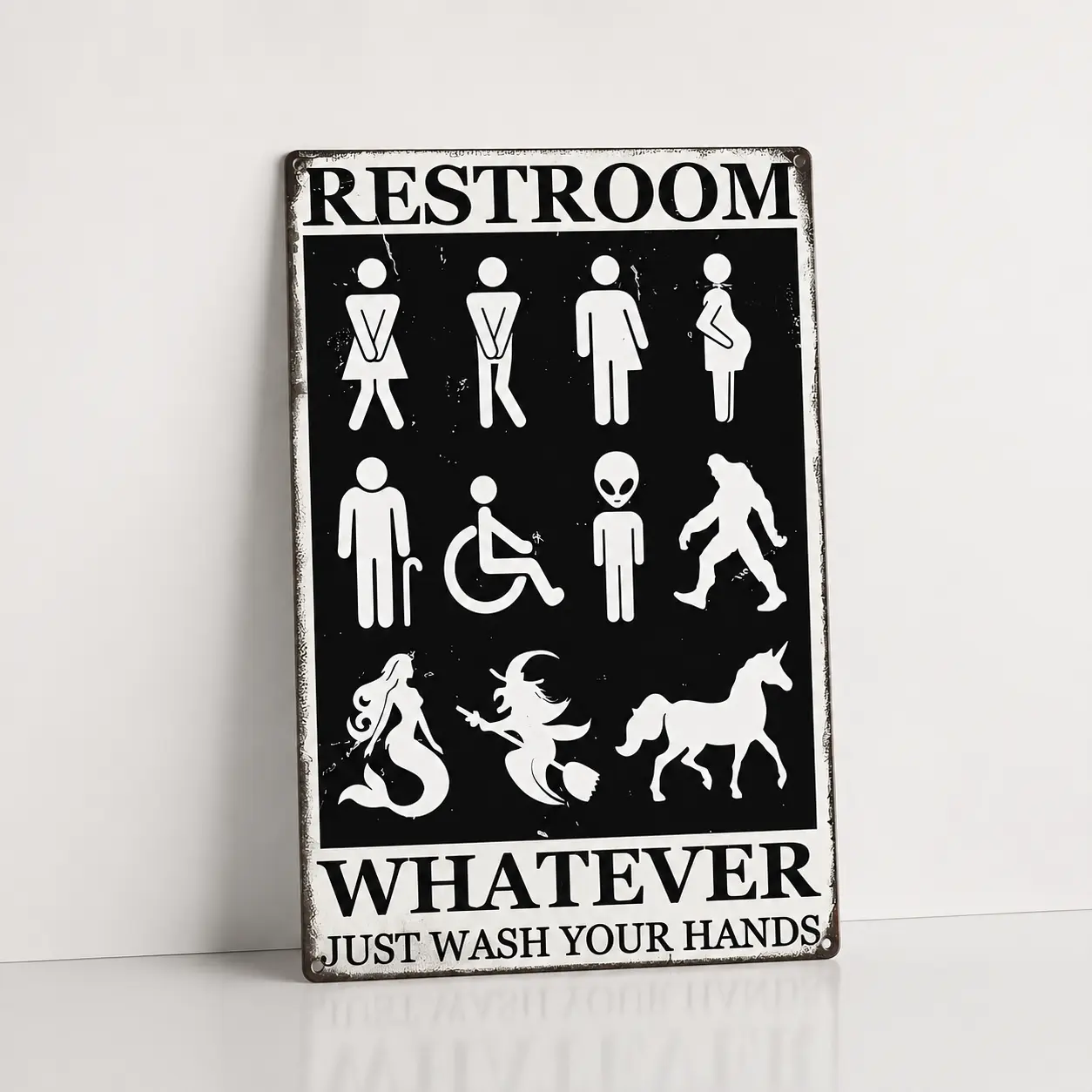 Funny Restroom Metal Tin Signs, Whatever Just Wash Your Hands Vintage Sign, Alien Bigfoot Unicorn Bathroom Wall Decor, Sarcastic Metal Plaque, 8x12 Inch indoor multi-purpose quirky home