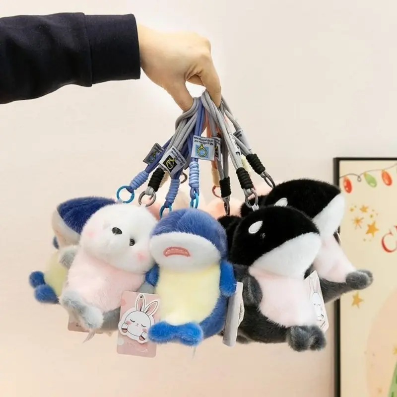 Kawaii Marine Animal Plush Keychain, Soft Fluffy Whale Orca Shark Bag Charm with Lanyard, Portable Backpack Key Accessory & Holiday Gift for Her