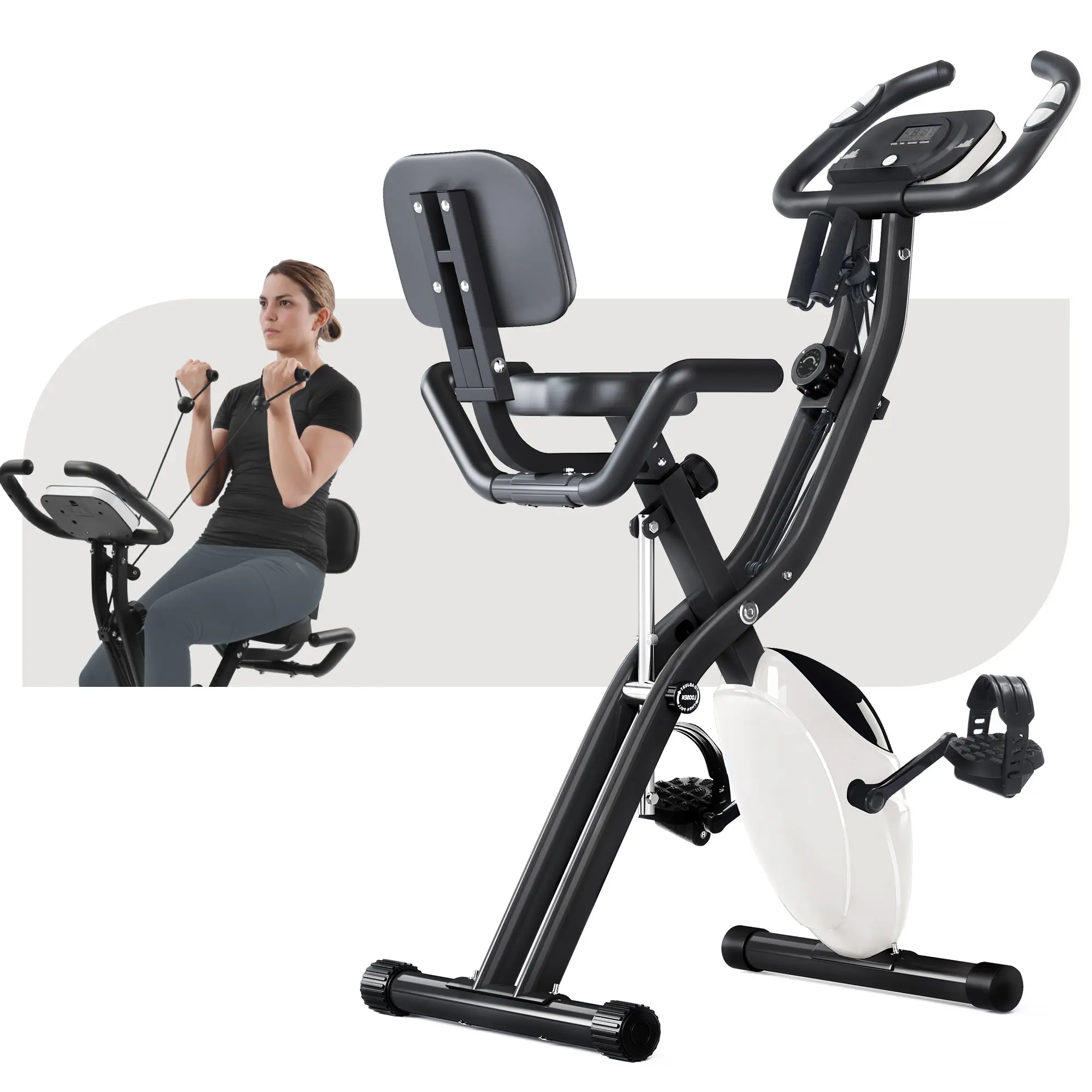 Folding Exercise Bike Fitness Upright & Recumbent X-Bike with 16-Level Adjustable Resistance Arm Bands Backrest for Home Gym & Office
