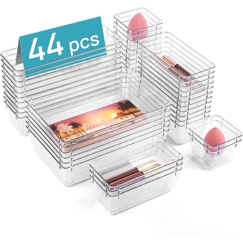 44 PCS Clear Plastic Drawer Organizers Set, 4-Size Versatile Bathroom and Vanity Organizer Trays, Non-Slip Storage Containers for Makeup, Jewelries, Bedroom,Kitchen Utensils and Office