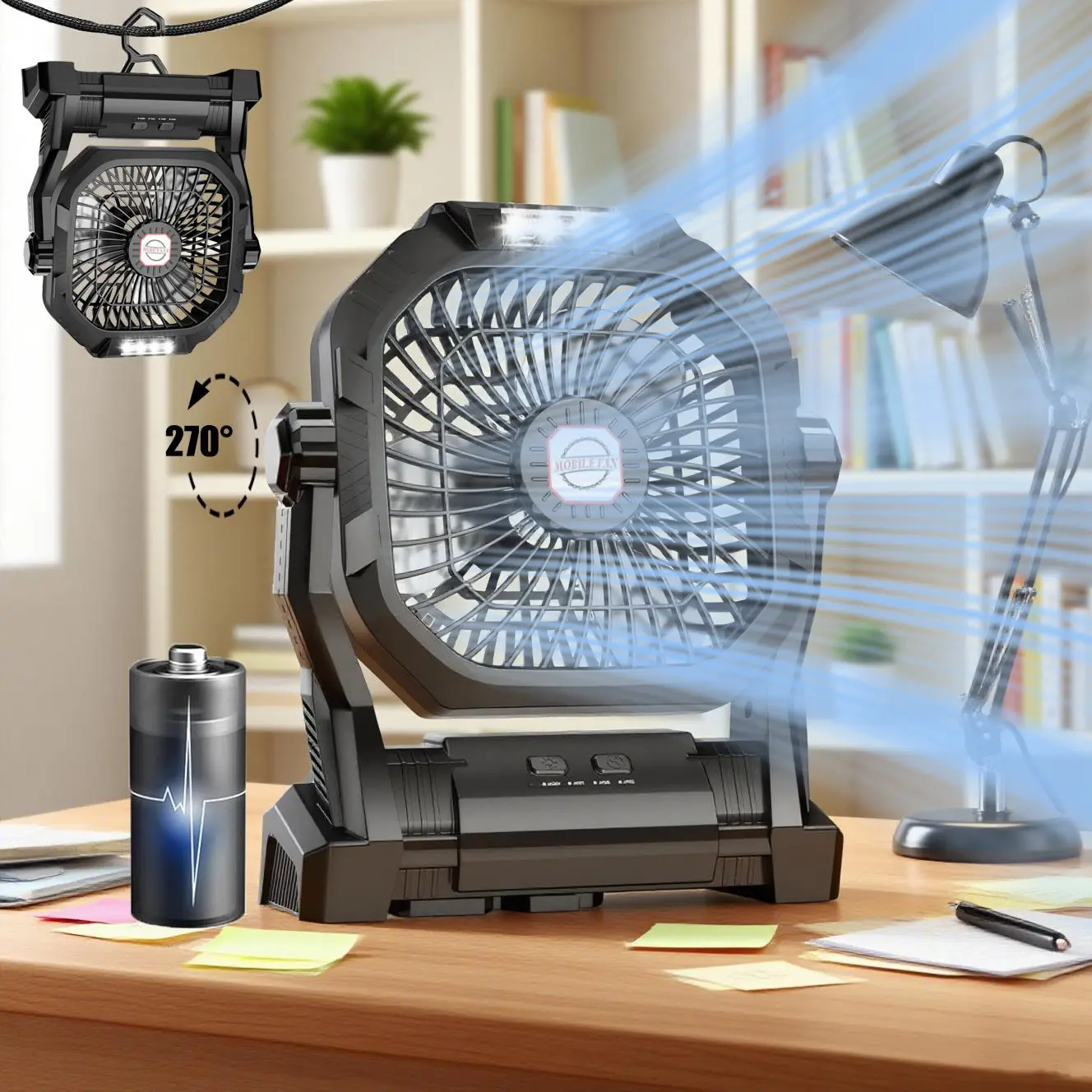 SYADOO Portable Camping Fan with 20000mAh Rechargeable Battery,with LED Light & Hook, Battery Powered Fans 4 Speeds, 270°Pivot for Camping, Tents, BBQ, Fishing, #Summervibes