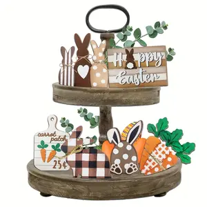 Easter Bunny Layered Tray Decorations, Farmhouse Style, Happy Easter Rabbit Carrot Buffalo Plaid Wood Sign, Spring Country Bunny Decoration, Decorative Plaque, Wooden Decor, Wooden Home Sign, Rustic Farmhouse Design