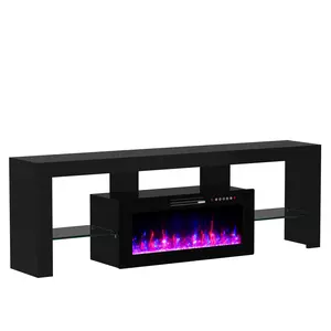 Modern Fireplace TV Stand for TVs Up to 80", 70" Entertainment Center with 36" Electric Fireplace Heater, 7 Color LED Strip and Adjustable Glass Shelves for Living Room
