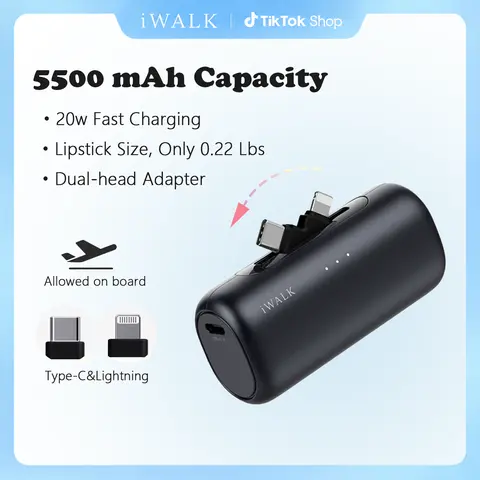 iWALK LPS003 Compact 2-in-1 USB-C&Lightning Connector Power Bank Charger - 5500mAh, 20W Adaptive Fast Charging, 9 Safety Layers, 2-Port Rechargeable for iPhones, Smartphones, Cellphones (Back to School)