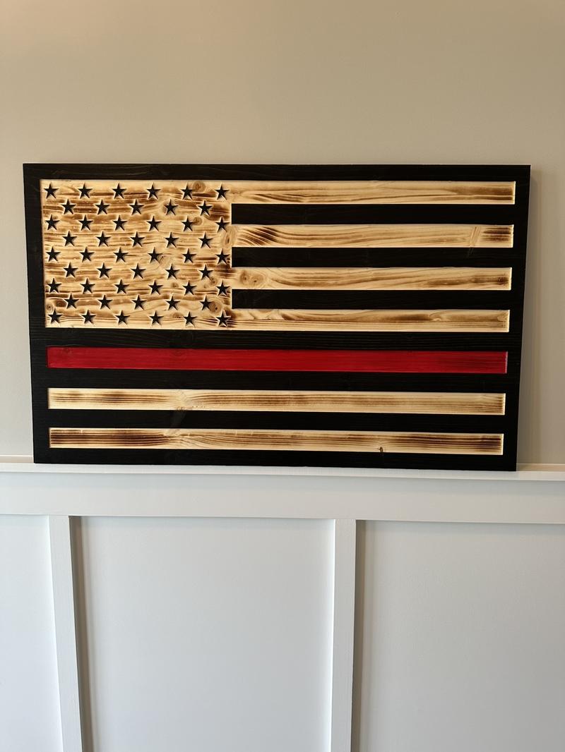 Custom engraved wooden American flags for police, firefighters, veterans or active duty military make great decor and hangable.