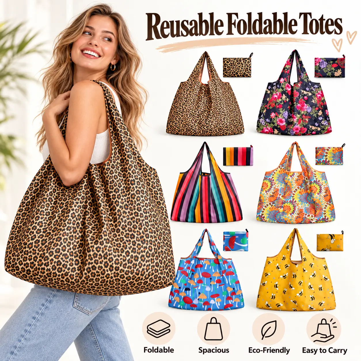 Elegant Extra Large Folding Waterproof Tote Bag - Ecofriendly Reusable Lightweight Heavy Duty Home Organizer, Grocery Shopping & Travel Storage Emergency Bag