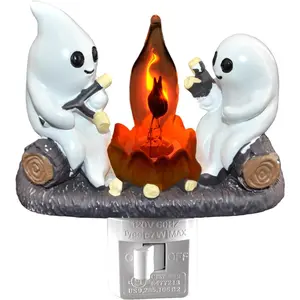 Halloween Ghost Campfire Flickering NightLight Plug-in Lamp – Faux Campfire Night Light for Indoor Halloween& Holiday Decor – Spooky Nightlight for Gift Giving