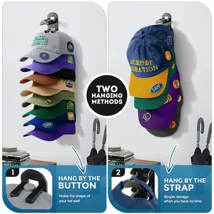 2 Pack Hat Organizer Storage Wall Mounted Baseball Cap Hold up to 20 Hats Black or White Hat Rack for Wall with Strong Adhesive and Wall Drilled for Door Bedroom Closet Easy Access Display Hat Hanger Holder Multilayer Two Mounting Option Hat hook on wall