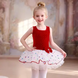 Girls' Dance Performance Costume | Shiny Velvet Ballet Tutu Dress, Polka Dot Tulle Skirt Birthday Party Outfit