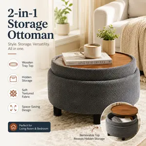 Super 25 Inch Dark Grey Round Storage Ottoman and Circle Coffee Table with Removable Tray Top Modern Tufted Upholstered Hidden Storage Space Saving Multifunctional Furniture for Living Room Aesthetic Apartment Finds Room Decor