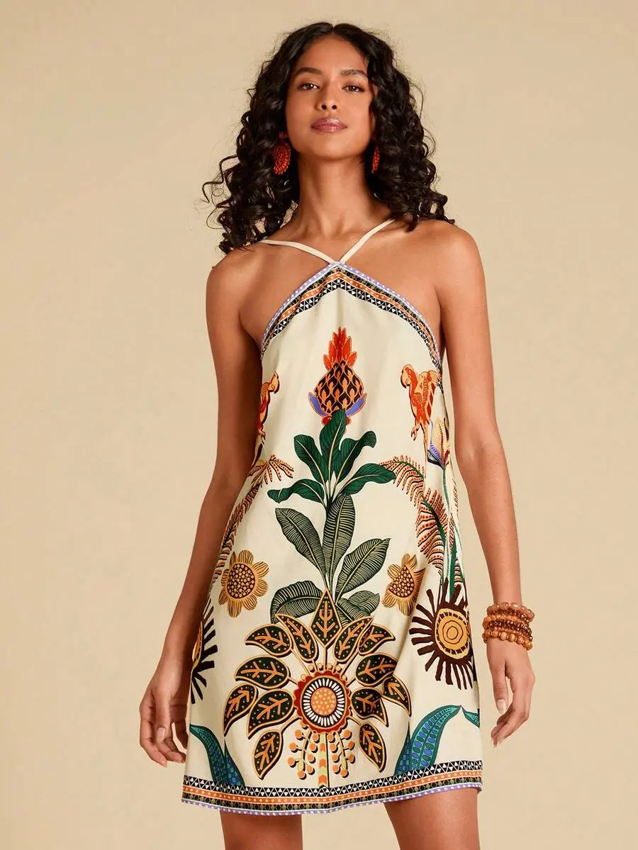 ELARIA Tropical Print Backless Halter Neck Dress, Vacation Casual Tropical, Bohemian Outfits, Ibiza Outfits, Western Style Vacation Beach Multicolor Summer