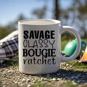 1pc Ceramic Coffee Mug with "Savage Classy Bougie Ratchet" Humorous Design - Reusable White Mug for Home, Kitchen, Travel - Funny Gift for Men, Women, Friends (Birthday, Holidays) - Playful Typography & Sturdy Handle, Coffee Bar Accessories, Casual Drinkw