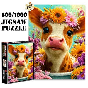 1pc 1000 piece adult puzzle 70x50cm Cute Cow with Flower Crown Surrounded by Blooms 500 pieces paper jigsaw puzzle suitable for DIY creative games for adults and families, birthday and holiday stres