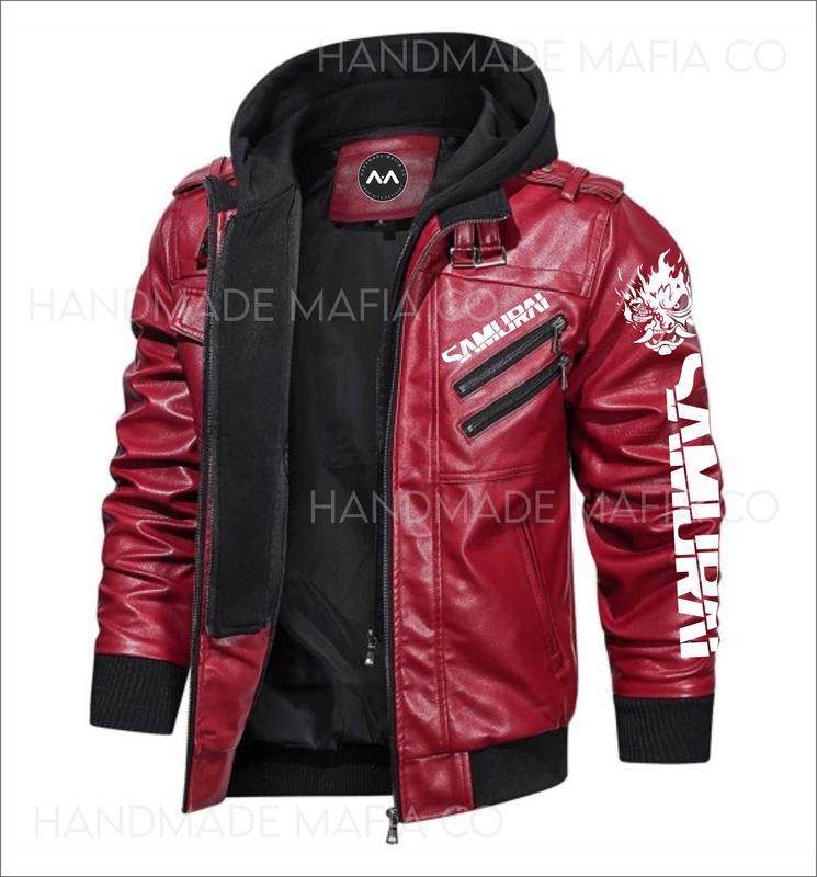 Premium Red Cyberpunk 2077 Samurai Gaming Leather Jacket Removable Hood- Best Gift Menswear Coats