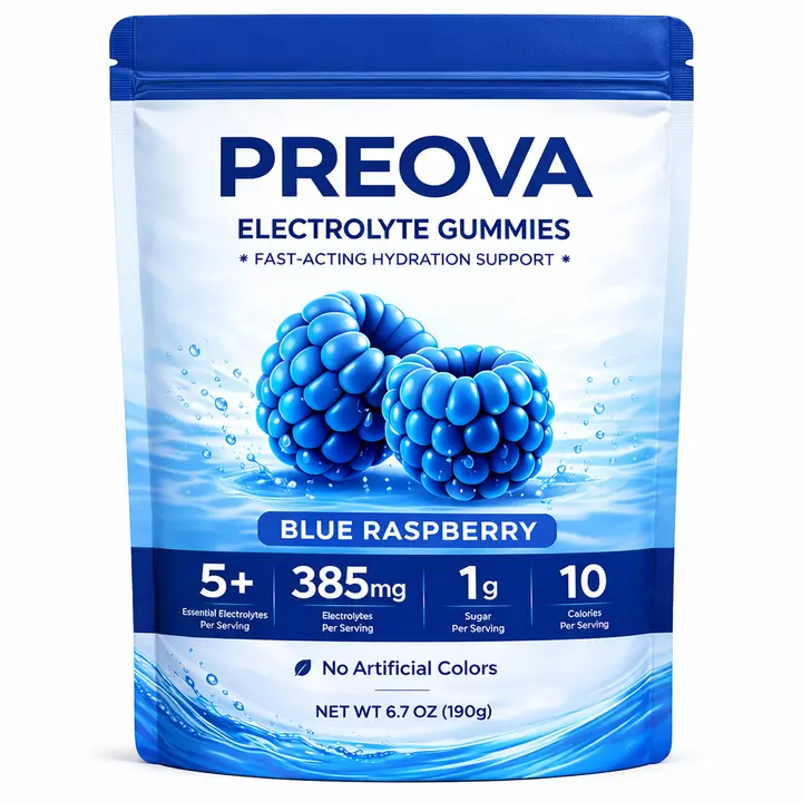 PREOVA Electrolyte Gummies, Blue Raspberry, 5 Essential Minerals, No Added Sugar, 30 Servings