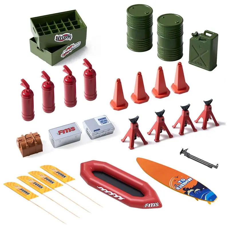FMS 1:18-1:24 RC Car Roof Decoration Accessory Set with Surfboard, Fire Extinguisher, Traffic Cone, Escape Lifting Jack, Luggage Carrier Set for Electric Remote Control Toy Cars
