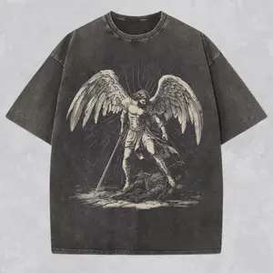 Archangel Michael Shirt Christian Streetwear Religious Gift for Him or Her Faith Apparel Comfort Tee Church Wear Catholic Clothing, Washed denim T-shirt, high quality T-shirt