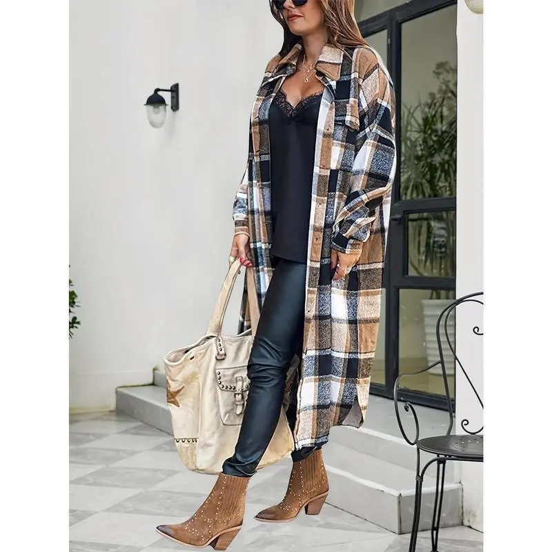 Womens Plaid Long Trench Coats - Casual, Button Front, Puff Sleeve Shackets for Daily Wear