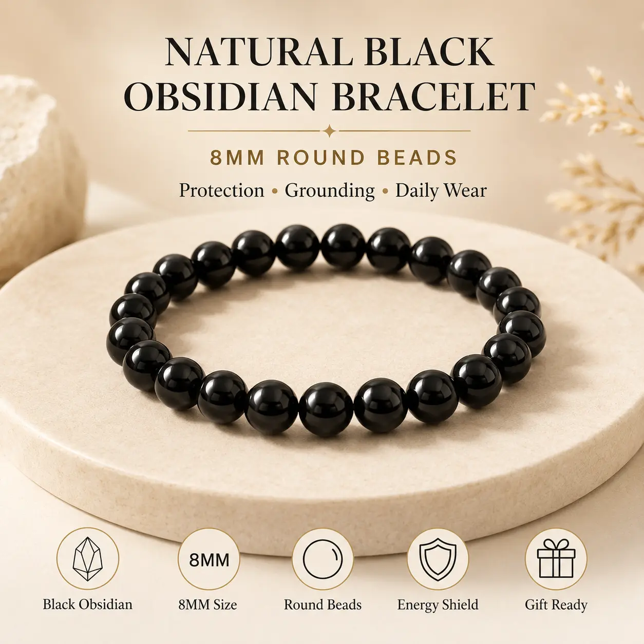 Black Obsidian Stone Bead Bracelet, 8mm Minimalist Jewelry for Adults, Unisex Spiritual Crystal for Protection & Grounding, Natural Black Obsidian, Daily Wear, Solid Beads, Spiritual Gift, Black Obsidian Bracelets & Bangles
