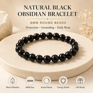 8mm Natural Black Obsidian Bracelet - Unisex Black Crystal Beaded Jewelry for Protection, Grounding, Daily Wear, Default Gifting Option, No Excess Bulk, Spiritual Gift, SummerWins DealsForYouDays