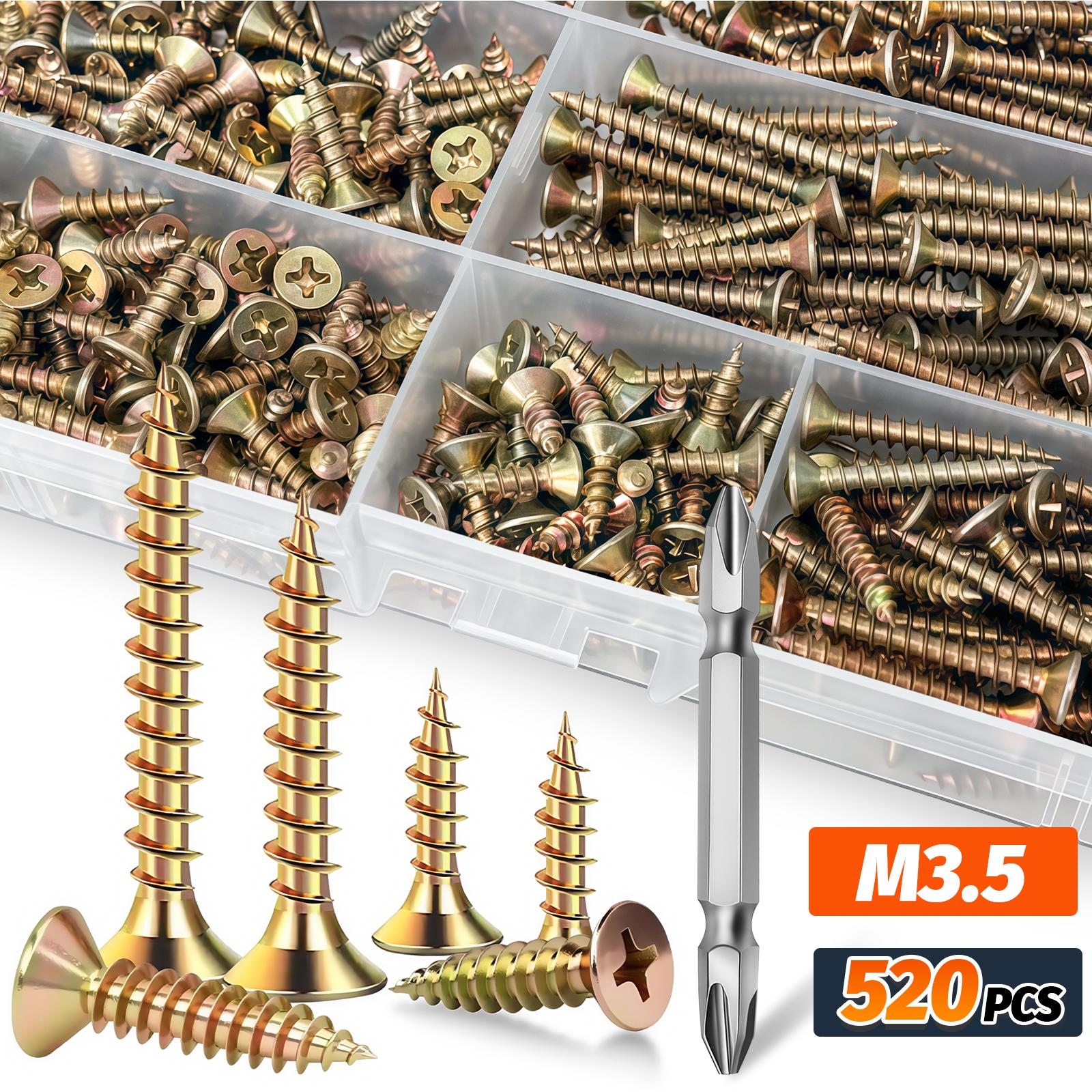 520PCS Wood Screws Assortment Kit - Carbon Steel Self Tapping Screw Set, Assorted Small Self Drilling Drywall Screws with Case, M3.5 Length 1/2" to 1-1/2" Phillips Flat Head Sheet Metal Screws,