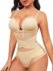 Women's Criss Cross Cut Out Sheer Shapewear Bodysuit, Highwaist Tummy Control, Adjustable Strap Contrast Mesh Bodysuit, High Stretch Shaper for Daily Wear