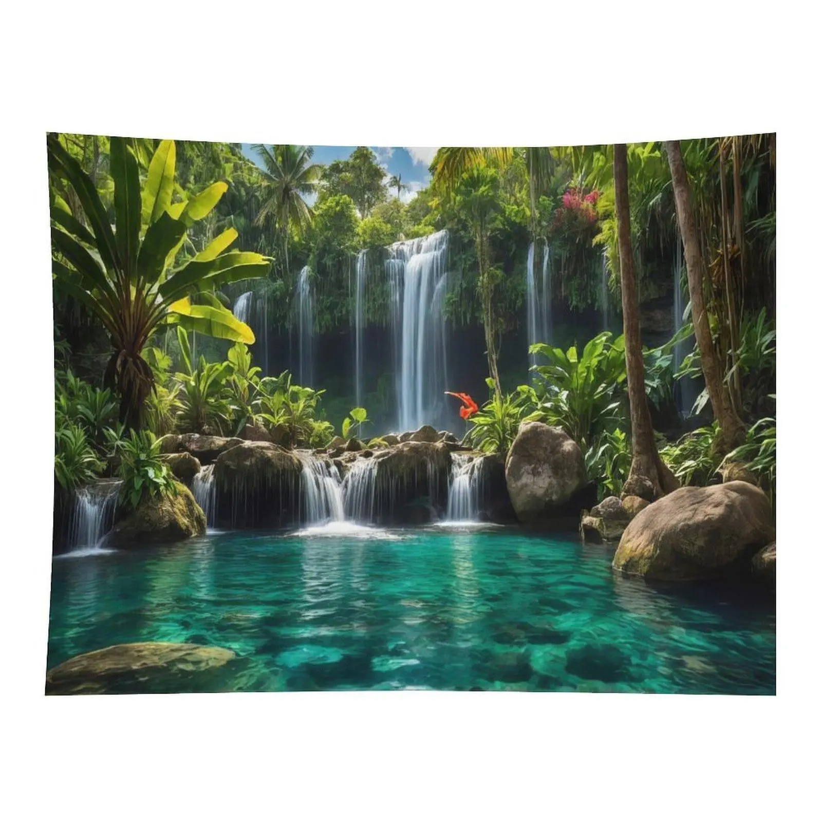 Lush Green Tropical Jungle Multi Tier Waterfall Clear Turquoise Pond Rock Stone Palm Plant Scenic Nature Landscape Wall Tapestry