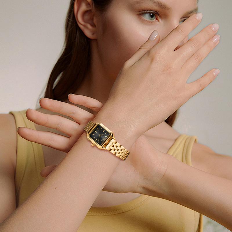 AMOVAN Gold Stainless Steel Bracelet Watch with Black Dial and Roman Numerals