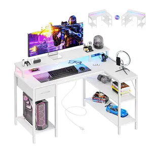53” Gaming Desk with USB Charging Ports & LED Lights, Reversible L Shaped Desks Computer Corner Gamer Table with Power Outlets Monitor Stand Storage Shelves for Home Office Small Space