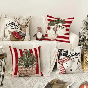 Christmas pillowcase 45 x 45cm, 4-piece set of red pillows and pillowcases, striped | checkered linen decorative pillows, cushion covers, sofa chairs, bedding, Christmas and winter decorations