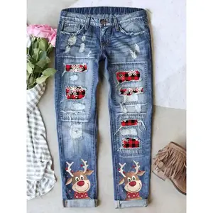 Christmas reindeer print jeans, retro ripple design, cat whisker craftsmanship, elastic and comfortable fabric, perfect fit long denim jeans, denim pantsRAIMENTRY