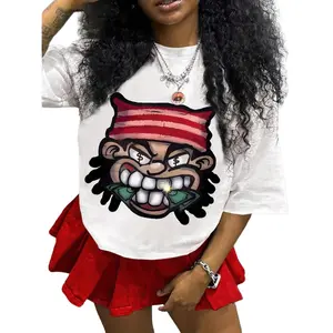 Womens Cotton Short Sleeve Graphic Tee Cute Cartoon Money Face Print Streetwear Y2K Top Casual Summer Outfit Concert Festival Vacation Everyday T Shirt