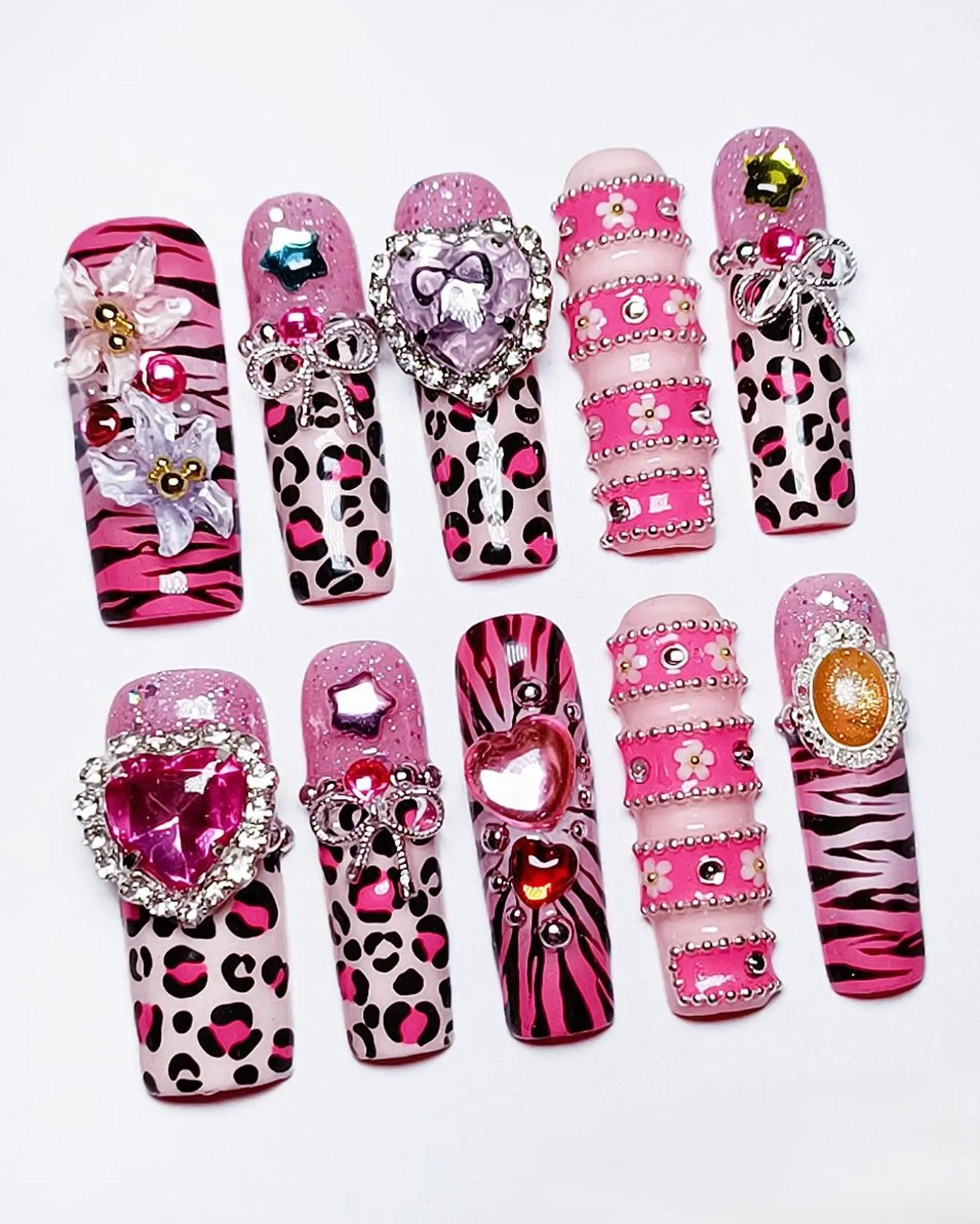 Y2K Gyaru Press On Nails | Pink Zebra Leopard Print, Star Charms & Rhinestones Nail Set