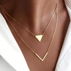 1pc High-End Light Luxury Double-Layer Stacked V-Shaped Stainless Steel Necklace, Geometric Triangle V-Shaped Pendant Necklace, Short Double-Layer Metal Necklace, Unisex