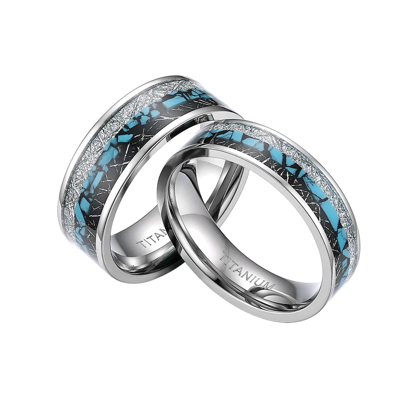 OIDEA 6mm Titanium Ring with Natural Crushed Turquoise Inlay, Nature-Themed Couple's Wedding Band with Silver Wire Detail, Earthbound, Funky Unique Accessories, Chip Inlay