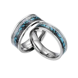 OIDEA 6mm Nature-Themed Turquoise Chip Inlay Titanium Couple Ring, Wedding Band with Silver Wire Detail, Nature-Themed Rings