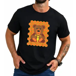 Men's Honey Pot Bear T-Shirt – Casual Short-Sleeve Crew Neck featuring a honeycomb-brown bear cub graphic; a cute tee with a honey pot and honeycomb bear print. (Keywords: Cute Bear T-Shirt, Bear Pattern Tee, Men's Bear Shirt)