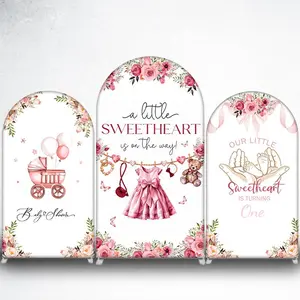Pink Floral Baby Carriage Arch Backdrop Cover for Baby Shower Decor
