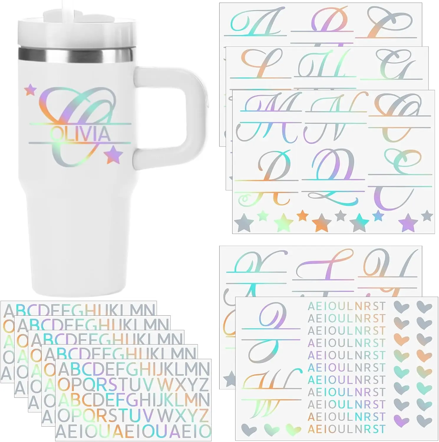 Sheets Vinyl Letter Stickers Personalized  oz Tumbler UV Name Sticker Decals Monogram UV Dtf Cup Wrap Letter Sticker Decal Monogram Mugs Waterproof Decals for Laptops(Iridescent)