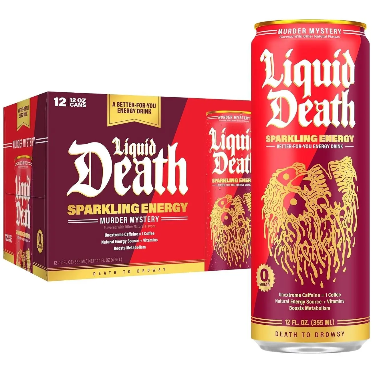 Liquid Death Sparkling Energy - Murder Mystery (Cherry, Cream, Spice), Zero Sugar Energy Drink, Unextreme Caffeine 100mg, Essential Vitamins, 12 Fl Oz (Pack of 12)