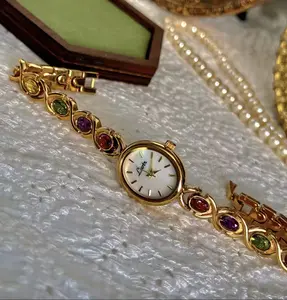 Classic Retro Watch with Colourful Tourmalines and Oval Dial for Women gold  quartz