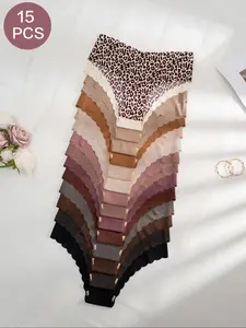 15/21pcs Women's Solid Or Leopard Print Scallop Trim Knickers, Casual Soft Comfy Breathable Panty for Daily Wear, Pastel Thongs, Ladies Underwear for Fall, Women Underwear, Underwear for Women