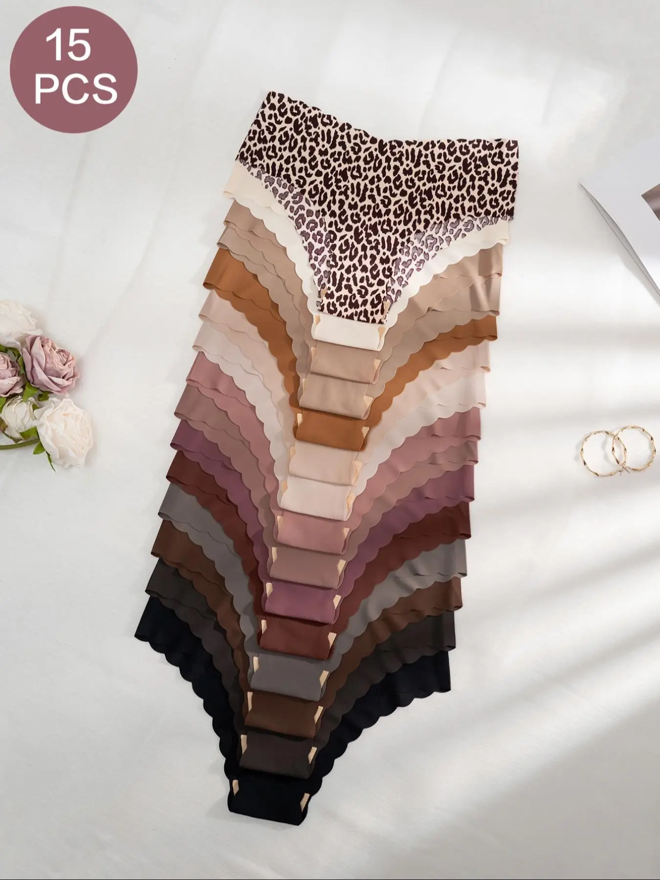 15/21pcs Women's Solid Or Leopard Print Scallop Trim Knickers, Casual Soft Comfy Breathable Panty for Daily Wear, Pastel Thongs, Ladies Underwear for