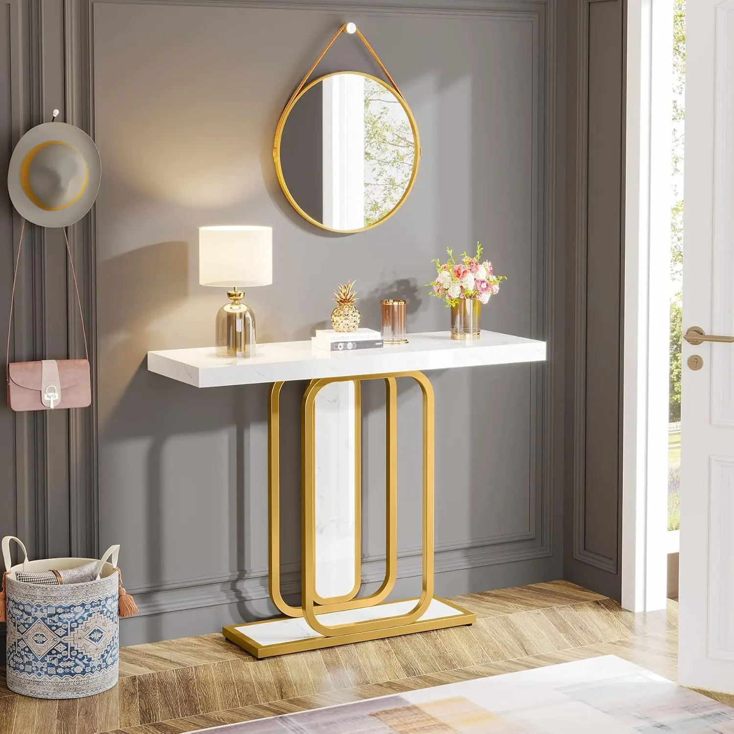 LITTLE TREE Modern Gold White Console Table with LED Lights, 41.3 Inch Entryway Hallway Foyer Accent Table with Faux Marble Veneer for Living Room, Entrance