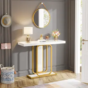 LITTLE TREE Modern Gold White Console Table with LED Lights, 41.3 Inch Entryway Hallway Foyer Accent Table with Faux Marble Veneer for Living Room, Entrance