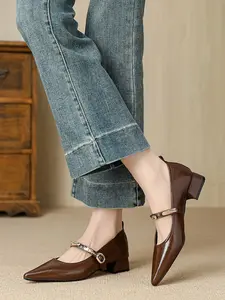 Women's Mary Jane Flats, Spring 2026 New Pointed Toe Single Shoes, Vintage PU Leather, Comfortable Elegant Commuter Shoes
